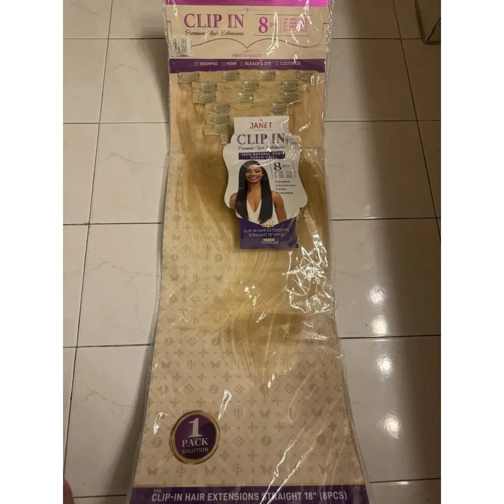 Janet Collection 100% Human Hair Clip-In Extensions 18” 8PC Golden Blonde New